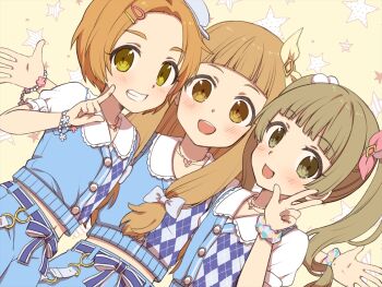 3girls argyle_clothes argyle_shirt blue_bow blue_shirt blue_shorts blunt_bangs blush bow bracelet brown_eyes brown_hair chihiro_(chihiro3399) collarbone dress_bow flat_chest flower_bracelet green_eyes grin hair_bobbles hair_bow hair_ornament hair_ribbon hairclip hand_up hat heart heart_necklace ichihara_nina idolmaster idolmaster_cinderella_girls idolmaster_cinderella_girls_starlight_stage index_finger_raised jewelry long_hair looking_at_viewer midriff_peek mini_hat multicolored_scrunchie multiple_girls navel necklace open_hands open_mouth pink_ribbon ribbon ryuzaki_kaoru scrunchie shirt short_hair short_sleeves shorts smile star_(symbol) star_symbol_background teeth thick_eyebrows twintails upper_body upper_teeth_only very_long_hair w white_ribbon wrist_scrunchie yellow_background yellow_eyes yellow_ribbon yokoyama_chika