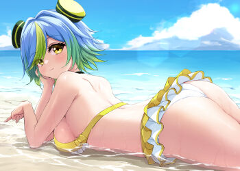 1girl akirappy ass back bare_arms bare_shoulders beach bikini blue_hair blue_sky breasts closed_mouth cloud collarbone cowboy_shot day elbow_rest expressionless frilled_bikini frills from_side green_hair hair_intakes hair_ornament head_on_hand head_rest horizon huge_ass index_finger_raised large_breasts lens_flare looking_at_viewer looking_to_the_side lying monster_strike morse_alpha_(monster_strike) multicolored_hair ocean on_stomach parted_bangs pointing shallow_water short_hair shoulder_blades sideboob sky solo swimsuit turning_head water wet white_bikini yellow_bikini yellow_eyes