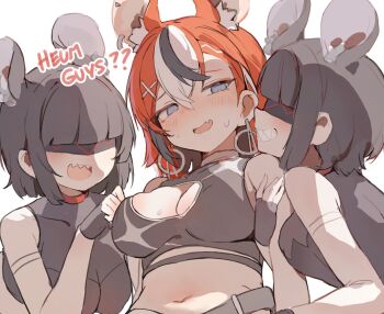 animal_ears backup_dancer_(hakos_baelz) black_hair blindfold_mask breasts commentary hakos_baelz hakos_baelz_(monochrome_dancer) highres hololive hololive_english mask medium_breasts mouse_ears mouse_girl multicolored_hair multiple_girls navel orobou red_hair sharp_teeth snake_eyes_(hakos_baelz) streaked_hair teeth untranslatable_commentary virtual_youtuber