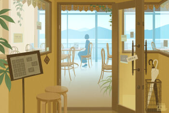 1girl artist_logo black_dress black_hair black_shoes cafe chair closed_umbrella commentary cup day door dress drinking_glass english_commentary highres indoors logo long_dress menu mountainous_horizon open_door open_sign original plant scenery shoes short_hair sitting solo stool storefront table taizo_(taizo_03) three-quarter_sleeves umbrella umbrella_stand wide_shot window wooden_chair