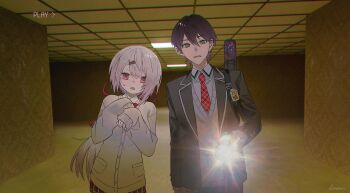 1boy 1girl absurdres backrooms_(creepypasta) black_jacket ceiling commentary cowboy_shot english_commentary flashlight green_eyes hair_between_eyes hair_ornament hair_ribbon hairclip hands_up highres holding holding_flashlight indoors jacket kenmochi_touya kenmochi_touya_(1st_costume) kome_non lapels long_hair looking_at_viewer necktie nijisanji notched_lapels open_mouth pink_eyes pink_hair purple_hair red_necktie red_ribbon ribbon shiina_yuika shiina_yuika_(1st_costume) short_hair shoulder_strap sleeves_past_wrists sweatdrop sweater_vest tile_ceiling tiles virtual_youtuber