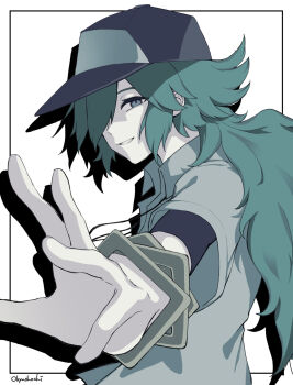 Rule 34 | 1boy, bansookoo., baseball cap, black hat, black shirt, bracelet, commentary request, dress shirt, drop shadow, facing to the side, gold bracelet, green eyes, green hair, grin, hair over one eye, hat, highres, jewelry, long hair, long sidelocks, looking ahead, low ponytail, male focus, muted color, n (pokemon), nintendo, one eye covered, open hand, outstretched arm, partially unbuttoned, pokemon, pokemon bw, ponytail, shirt, shirt under shirt, sidelocks, smile, turning head, upper body, white background, white shirt