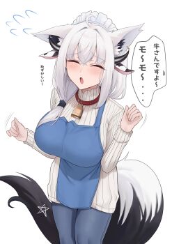 1girl absurdres ahoge alternate_costume animal_ear_piercing animal_ears apron bell blue_apron breasts closed_eyes commentary_request cow_ears cowbell dot_nose earrings fox_ears fox_girl fox_tail hair_between_eyes highres hololive horns jewelry large_breasts long_hair long_sleeves maid_headdress open_mouth pentagram shirakami_fubuki simple_background single_earring speech_bubble sweater tail tks_rkgk virtual_youtuber white_hair