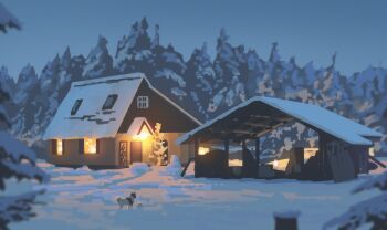 animal building commentary_request dog highres house no_humans original outdoors scenery snow tree window winter yoshiki_(yuki)