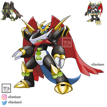 Rule 34 | armor, black armor, digimon, digimon (creature), dragon, fakemon, full body, fusion, gen 6 pokemon, highres, imperialdramon, imperialdramon fighter mode, legendary pokemon, nintendo, official art inset, pokemon, pokemon (creature), red wings, simple background, villiam boom, white background, wings, zygarde, zygarde (complete)