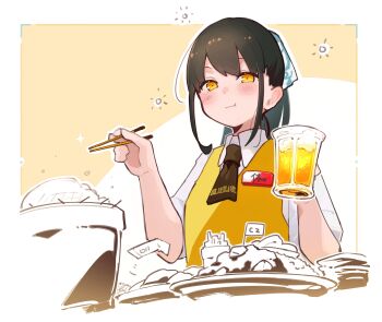 Rule 34 | 1girl, :3, alcohol, beer, beer mug, black neckerchief, blue ribbon, blush, border, brown hair, bucket, c2 kikan, chopsticks, collared shirt, cup, curry, curry rice, drunk, eating, food, hair ribbon, highres, holding, holding chopsticks, holding cup, long hair, looking at viewer, ma rukan, mini flag, mug, name tag, neckerchief, outside border, plate, ponytail, re-ka-chan, ribbon, rice, shirt, sidelocks, signature, solo, squeans, translation request, upper body, vest, white border, white shirt, yellow background, yellow eyes, yellow vest
