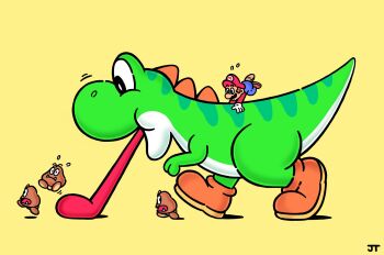 1boy alternate_size blue_overalls boots brown_boots brown_hair brown_shoes clinging commentary english_commentary facial_hair fleeing flying_sweatdrops from_side gloves goomba hat highres james_turner long_sleeves long_tongue looking_at_another male_focus mario mario_(series) motion_lines mustache nintendo open_mouth overalls red_hat red_shirt running shirt shoes short_hair signature simple_background smile tongue tongue_out tusks walking white_gloves yoshi