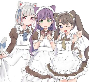 3girls :d ;3 ;d alternate_costume apron ascot bare_shoulders blue_ascot bow bowtie brown_dress brown_hair brown_necktie cat_brooch closed_mouth colored_inner_hair commentary cowboy_shot detached_sleeves dress frilled_apron frilled_sleeves frills fujishima_megumi green_eyes hashtag-only_commentary hasu_no_daisankaku highres juliet_sleeves link!_like!_love_live! long_dress long_hair long_sleeves looking_at_viewer love_live! maid maid_apron maid_headdress medium_dress moso_(expect66) multicolored_hair multiple_girls necktie nyan_nyan_nyan_fair_in_gamers one_eye_closed open_mouth otomune_kozue pink_bow pink_bowtie pink_eyes puffy_short_sleeves puffy_sleeves purple_eyes purple_hair red_hair red_streaks short_dress short_hair short_sleeves simple_background skirt_hold sleeveless sleeveless_dress smile streaked_hair twintails virtual_youtuber white_apron white_background white_hair white_sleeves yugiri_tsuzuri