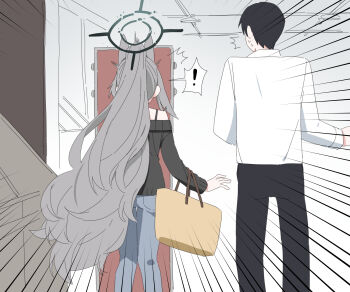 1boy 1girl absurdres ahoge alternate_hairstyle animal_ear_fluff animal_ears b.t._(boob_tong) black_choker black_halo blue_archive blue_eyes blush breasts broken_halo casual choker cleavage cross cross_hair_ornament dark_halo extra_ears grey_hair hair_between_eyes hair_ornament halo highres hitting inverted_cross large_breasts long_hair long_sleeves mismatched_pupils off-shoulder_sweater off_shoulder ponytail ribbed_sweater shiroko_terror_(blue_archive) shopping shopping_basket sweater wolf_ears wolf_girl