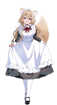1girl animal_ear_fluff animal_ears apron black_dress black_shoes blush bow bowtie brown_hair collared_dress commentary_request dress fio_(hamico) frilled_apron frills full_body hamico highres long_hair long_sleeves looking_at_viewer maid maid_apron maid_headdress mary_janes open_mouth original pantyhose purple_eyes red_bow red_bowtie shoes simple_background smile solo standing tail twintails white_apron white_background white_pantyhose wing_collar