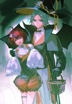 2boys ahoge alternate_costume aotsuki_eito ascot basket bat_wings black_bow black_bowtie black_coat black_gloves black_hair black_hat black_vest black_wings blue_eyes blue_tongue bow bowtie chinese_commentary coat colored_lapels colored_tongue commentary_request eyelashes frilled_sleeves frills ghost_hair_ornament glasses gloves grey_hair halloween_costume hand_on_another&#039;s_shoulder hat height_difference highres holding holding_basket lapels male_focus multicolored_hair multiple_boys open_clothes open_coat open_mouth orange_shorts pants puffy_shorts red_hair shirt short_hair shorts sleeves_past_fingers sleeves_past_wrists streaked_hair striped_clothes striped_vest sumino_takumi the_hundred_line_-last_defense_academy- traditional_bowtie two-tone_hair vest white_ascot white_pants white_shirt wings wingtip_collar witch_hat yangyangyangyangyang740