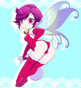 1girl ass bell blue_background boots breasts cameltoe christmas commentary_request elbow_gloves fairy fairy_wings from_behind fur-trimmed_boots fur-trimmed_gloves fur_trim gloves leotard looking_back medium_breasts neck_bell nollety pink_eyes pixie_(megami_tensei) pointy_ears red_boots red_gloves red_leotard shin_megami_tensei smile solo thigh_boots wings