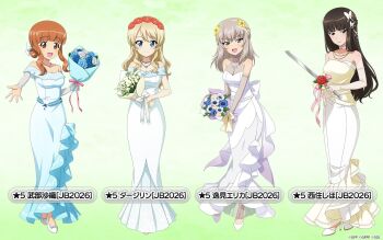 4girls alternate_hairstyle bare_shoulders blonde_hair blue_dress blue_eyes blue_flower blue_rose blunt_bangs blush bouquet bow breasts brown_eyes brown_hair butterfly_hair_ornament character_name choker cleavage collarbone commentary_request darjeeling_(girls_und_panzer) dress elbow_gloves flower flower_hairband frilled_dress frills full_body girls_und_panzer girls_und_panzer_senshadou_daisakusen! gloves gradient_background gradient_clothes gradient_dress green_background grey_hair hair_bow hair_bun hair_down hair_flower hair_ornament high_heels highres holding holding_bouquet holding_knife itsumi_erika jewelry knife long_dress long_hair looking_at_viewer medium_hair multiple_girls necklace nishizumi_shiho official_art open_mouth orange_hair outstretched_hand pink_bow pink_ribbon purple_dress red_flower red_rose ribbon rose see-through_cleavage see-through_clothes see-through_sleeves shoes short_hair sidelocks smile standing strapless strapless_dress takebe_saori translated wavy_hair wedding_cake_knife wedding_dress white_bow white_dress white_flower white_ribbon white_rose white_shoes yellow_dress yellow_flower