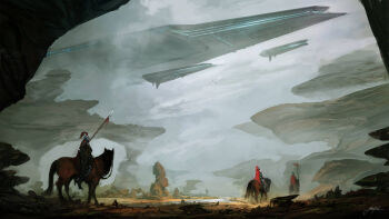 3others armor artist_name cape cloud cloudy_sky commentary english_commentary holding holding_polearm holding_weapon horse horseback_riding jjcanvas knight landscape mountain multiple_others original painterly polearm red_cape riding rock scenery science_fiction signature sky spacecraft weapon