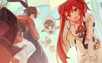 1boy 1girl ankh bodysuit brown_hair cleavage_cutout clothing_cutout green_eyes guilty_gear halo hands_on_own_knees hashtag-only_commentary jack-o'_valentine jacket lauflight long_hair looking_at_viewer minion_(guilty_gear) motor_vehicle motorcycle multicolored_hair open_mouth ponytail red_hair sol_badguy spiked_halo white_bodysuit white_hair