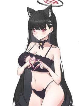 1girl absurdres animal_ears black_bow black_bowtie black_bra black_hair black_panties blue_archive blush bow bowtie bra breasts cat_ears cat_lingerie choker cleavage db_(geuze) four-finger_heart_hands hair_ornament hairclip halo heart heart_hands highres long_hair looking_at_viewer navel panties red_eyes rio_(blue_archive) simple_background solo sweatdrop underwear underwear_only very_long_hair white_background