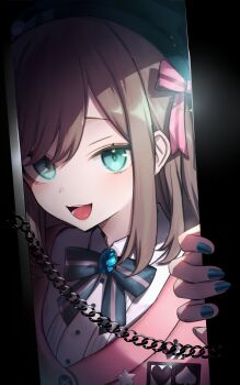 Rule 34 | 1girl, absurdres, beret, black bow, black bowtie, black hat, bow, bowtie, brown hair, cardigan, commentary request, door chain, dot nose, hair ornament, hat, highres, locked outside, long hair, looking at viewer, neit ni sei, nijisanji, open door, open mouth, pink bow, pink cardigan, smile, solo, striped bow, striped bowtie, striped clothes, suzuhara lulu, suzuhara lulu (1st costume), tongue, virtual youtuber, x hair ornament