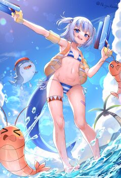1girl absurdres bandaid bandaid_on_leg barefoot bikini bloop_(gawr_gura) blue_bikini blue_hair blue_sky breasts candy cloud coconut_tree ebi-chan_(gawr_gura) fins fish_tail food gawr_gura grey_hair hair_ornament highres holding holding_water_gun hololive hololive_english life_vest lollipop looking_at_viewer medium_hair miko_no_kamiko mouth_hold multicolored_hair navel open_mouth palm_tree shark_girl shark_hair_ornament shark_tail sharp_teeth sky small_breasts smile streaked_hair striped_bikini striped_clothes swimsuit tail teeth thigh_strap tree two_side_up vest virtual_youtuber wading water water_gun yellow_vest