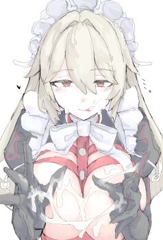 1girl absurdres after_fellatio after_handjob alexandrina_sebastiane black_dress blonde_hair bow bowtie breasts breasts_out cum cum_on_body cum_string dress facial hands_up heart heart-shaped_pupils highres huge_breasts licking licking_cum licking_lips long_hair looking_ahead looking_at_viewer maid maid_headdress mocamocaink orange_eyes pinafore_dress pov simple_background sleeveless sleeveless_dress solo symbol-shaped_pupils tongue tongue_out upper_body white_background white_bow zenless_zone_zero