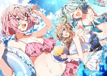 3girls amaori_renako beach_volleyball bikini blue_hair innertube koyanagi_kaho multiple_girls navel pink_hair sena_ajisai swim_ring swimsuit takeshima_eku watashi_ga_koibito_ni_nareru_wake_naijan_murimuri!