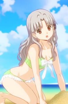Rule 34 | 1girl, 22/7, :o, all fours, barefoot, beach, bikini, black bow, bow, braid, breasts, bxtbsy7q76gxh73, cleavage, collarbone, commentary request, day, from side, green bikini, grey eyes, grey hair, hair bow, long hair, looking at viewer, nagamine kaede, navel, open mouth, outdoors, parted bangs, plaid bow, side braid, single braid, sky, solo, swimsuit, teeth, upper teeth only, white bow