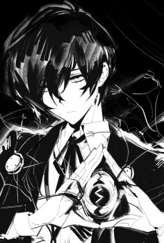 Rule 34 | 1boy, absurdres, clar sona, closed mouth, collared shirt, gekkoukan high school uniform, greyscale, hair between eyes, highres, jacket, long sleeves, male focus, monochrome, neck ribbon, open clothes, open jacket, persona, persona 3, ribbon, school uniform, shirt, simple background, solo, triangle hands, upper body, yuuki makoto (persona 3)