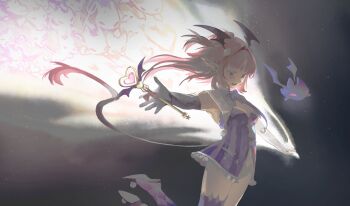 1girl absurdres aikamaki armpits asymmetrical_gloves asymmetrical_legwear bat_wings bell bow bowtie breasts camila_(vtuber) cimp_(camila_(vtuber)) clothing_cutout demon_girl diamond_facial_mark diamond_hair_ornament elbow_gloves facial_mark gloves hair_intakes hair_ornament head_wings heart highres holding imp indie_virtual_youtuber mismatched_gloves navel open_mouth pink_hair pointy_ears pom_pom_(clothes) purple_bow purple_bowtie purple_eyes single_thighhigh smile solo tail teeth thighhighs upper_teeth_only virtual_youtuber wings