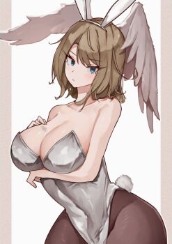 1girl absurdres blue_eyes breast_tattoo breasts brown_hair cleavage commentary eunie_(xenoblade) hand_on_own_chest head_wings highres large_breasts long_hair looking_at_viewer playboy_bunny simple_background solo symbol-only_commentary tattoo white_wings wings xenoblade_chronicles_(series) xenoblade_chronicles_3 yotsuha_uni