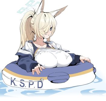 1girl absurdres animal_ear_fluff animal_ears blonde_hair blue_archive blue_eyes blue_halo blue_jacket blush breasts competition_swimsuit dog_ears dog_girl extra_ears hair_over_one_eye halo highres jacket kanna_(blue_archive) kanna_(swimsuit)_(blue_archive) large_breasts lifebuoy long_hair long_sleeves notched_ear official_alternate_costume one-piece_swimsuit open_clothes open_jacket open_mouth plentyofempty ponytail solo swim_ring swimsuit white_one-piece_swimsuit