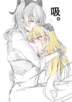 2girls absurdres between_breasts black_gloves blonde_hair blush breasts closed_mouth commentary_request face_between_breasts gloves grey_hair hairband head_between_breasts highres hug large_breasts long_hair multiple_girls phoebe_(wuthering_waves) purple_eyes saku_(amespi) shirt simple_background white_background white_hairband white_shirt wuthering_waves yuri zani_(wuthering_waves)
