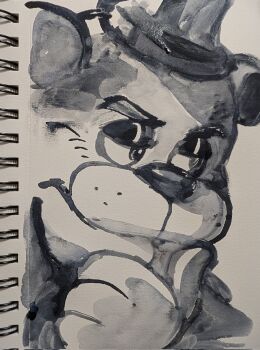 animal_ears animatronic bear_boy bear_ears conabemin five_nights_at_freddy&#039;s freddy_fazbear furry furry_male gloves hand_on_own_chin hat highres monochrome necktie portrait robot thinking top_hat traditional_media white_gloves