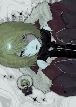 Rule 34 | 1boy, arms up, black gloves, black shirt, blue eyes, chibi, closed mouth, coat, death note, fur-trimmed hood, fur trim, gloves, hashtag-only commentary, highres, hood, hood up, km ll, looking to the side, male focus, mello (death note), parted bangs, red coat, shirt, sideways, sideways glance, swept bangs, unzipped, upper body, white fur, zipper