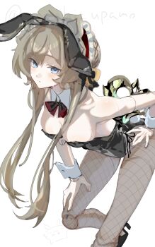 Rule 34 | 1girl, absurdres, alternate costume, animal ears, artist name, black leotard, blue eyes, bow, bowtie, breasts, brown hair, collar, commentary request, detached collar, fake animal ears, fishnet pantyhose, fishnets, genshin impact, highres, large breasts, leaning forward, leotard, long hair, looking at viewer, mochi upamo, pantyhose, playboy bunny, rabbit ears, sandrone (genshin impact), simple background, solo, two-tone bow, two-tone bowtie, very long hair, white background, white collar, wrist cuffs