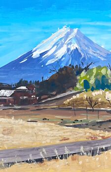 blue_sky commentary_request day landscape mount_fuji mountain no_humans original outdoors scenery sky tj_(tenjiku200) traditional_media