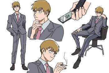 Rule 34 | 1boy, bithmath, black eyes, blonde hair, cellphone, chair, cigarette, collared shirt, commentary request, fingers on chin, flip phone, formal clothes, full body, grey jacket, grey pants, grey suit, hand in pocket, hand on own knee, head rest, highres, holding, holding cigarette, jacket, looking ahead, looking at viewer, looking to the side, male focus, mob psycho 100, multiple views, necktie, office chair, pants, partial commentary, phone, pink necktie, portrait, reigen arataka, shirt, sitting, smirk, solo, suit, swivel chair, white background
