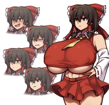 Rule 34 | 1girl, alternate breast size, breasts, cleavage, dekapaiyukari, hakurei reimu, huge breasts, japanese clothes, miko, navel, nikuatsu magician shinbo, touhou, underboob