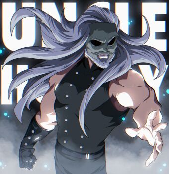 1boy beard black_gloves character_name commentary english_commentary english_text facial_hair fog gloves grey_beard grey_hair highres light_particles long_hair male_focus mask muscular muscular_male norbertogaetan single_glove sleeveless solo uncle_howdy upper_body wrestler wwe