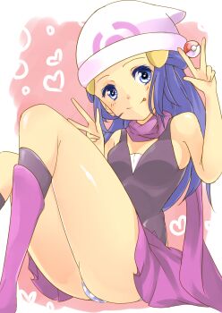Rule 34 | 00s, 1girl, :p, absurdres, bad id, bad pixiv id, bare shoulders, beanie, blue eyes, blue hair, boots, dawn (pokemon), double v, female focus, hat, head tilt, heart, highres, long hair, matching hair/eyes, neppuu (neruneru nerune), nintendo, panties, pantyshot, poke ball, pokemon, pokemon dppt, polka dot, polka dot panties, scarf, sitting, skirt, smile, solo, striped, tongue, tongue out, underwear, upskirt, v