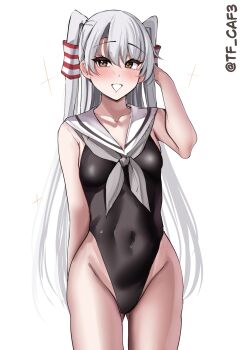 1girl absurdres adjusting_hair amatsukaze_(kancolle) arm_up black_one-piece_swimsuit blush breasts brown_eyes collarbone commentary_request covered_navel cowboy_shot gluteal_fold grey_neckerchief hair_between_eyes hair_tubes highleg highleg_one-piece_swimsuit highres kantai_collection long_hair looking_at_viewer neckerchief one-hour_drawing_challenge one-piece_swimsuit open_mouth sailor_collar sailor_one-piece_swimsuit sidelocks simple_background small_breasts solo sparkle standing swimsuit tf_cafe triangle_mouth twitter_username two_side_up very_long_hair white_background white_hair white_sailor_collar