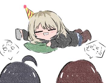 Rule 34 | 3girls, absurdres, ahoge, awa subaru, black hair, blush, brown hair, chibi, closed eyes, commentary request, drooling, drunk, girls band cry, grey hair, hat, highres, iseri nina, jo8blhrvkta6duw, kawaragi momoka, mouth drool, multicolored hair, multiple girls, open mouth, party hat, roots (hair), simple background, white background