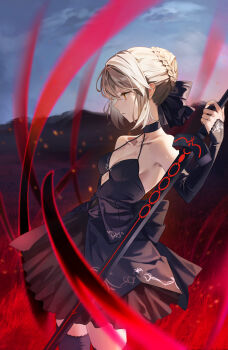 1girl absurdres ahoge angra_mainyu_(fate) artoria_pendragon_(fate) bare_shoulders black_choker black_dress black_ribbon black_thighhighs blonde_hair braid breasts bun_with_braided_base choker closed_mouth clothing_cutout collarbone commentary corruption cutout_above_navel dark_persona detached_sleeves dress english_commentary excalibur_morgan_(fate) fate/grand_order fate/stay_night fate_(series) gothic_lolita hair_bun hair_ribbon highres holding holding_sword holding_weapon lace lace-trimmed_thighhighs lace_trim layered_dress lolita_fashion maririri111 outdoors possessed possession revision ribbon saber_alter saber_alter_(final_ascension) shadow_(fate/stay_night) short_dress short_hair sidelocks small_breasts solo sword thighhighs weapon yellow_eyes
