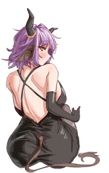 1girl animal_ears arknights ass back back_cutout bare_shoulders black_dress black_gloves black_pantyhose blush breasts character_request clothing_cutout dress elbow_gloves gloves goldentissue1 horns large_breasts looking_back on_floor pantyhose purple_hair short_hair solo tail white_background yellow_eyes
