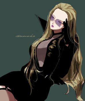 Rule 34 | 1girl, black dress, black gloves, blonde hair, blue eyes, breasts, cleavage, closed mouth, commentary, dress, earrings, garter straps, gloves, head rest, high collar, highres, jewelry, kalifa (one piece), long hair, looking to the side, one piece, pearl earrings, plunging neckline, purple lips, simple background, sunglasses, sutaneko, thighhighs, twitter username, untranslatable commentary