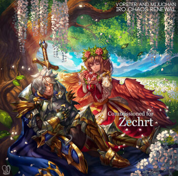 1boy 1girl absurdres arch_bishop_(ragnarok_online) armor armored_boots blue_cape blue_sky boots breastplate brown_hair brown_pants cape closed_eyes closed_mouth cloud commentary commission creature cross deviruchi dress english_commentary expressionless faulds flower full_body gauntlets hair_flower hair_ornament head_wreath highres juliet_sleeves leg_armor long_sleeves outdoors pants pauldrons pink_flower pink_rose pointy_ears puffy_sleeves ragnarok_online rose royal_guard_(ragnarok_online) sa-dui sash shoulder_armor sitting sky sword tree two-tone_dress under_tree weapon white_dress white_flower white_hair wisteria yellow_sash