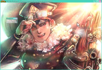 1boy adjusting_clothes adjusting_headwear artist_name black_coat black_hair blue_border boku_no_hero_academia border character_name coat cursor fingernails gloves hat looking_at_viewer maewenmitzuki male_focus open_mouth short_hair sideburns solo window_(computing) yoarashi_inasa