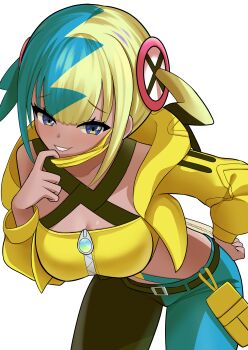 Rule 34 | 1girl, bandeau, blonde hair, blue eyes, blush, breasts, canari (pokemon), cleavage, collarbone, commentary request, green hair, hair between eyes, hair ornament, highres, jacket, leaning forward, long hair, long sleeves, looking at viewer, mask, mask pull, mega stone, mouth mask, multicolored hair, nintendo, pokemon, pokemon legends: z-a, raimu (clanberry000), simple background, smile, solo, white background, yellow bandeau, yellow jacket