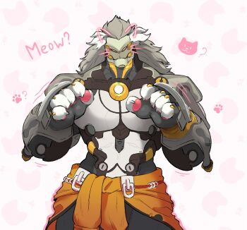 1boy ? animal_ears banyue_(zenless_zone_zero) cat_ears claws clothes_around_waist commentary drawn_whiskers english_commentary highres long_hair looking_at_viewer male_focus meekp meowing muscular muscular_male paw_pose paw_print pawpads robot_boy zenless_zone_zero