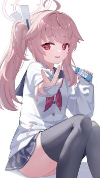 1girl absurdres ahoge blue_archive blue_sailor_collar cardigan commentary_request drink_carton fukujin halo highres holding holding_milk_carton knees_up long_hair looking_at_viewer milk_carton miniskirt natsu_(blue_archive) neckerchief pink_hair pink_halo red_eyes red_neckerchief sailor_collar school_uniform side_ponytail sitting skirt sleeves_past_wrists solo thighhighs watermark white_background white_cardigan zettai_ryouiki