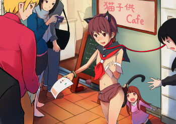 3girls 4boys :d absurdres animal_ears bare_arms bare_shoulders black_hair black_sailor_collar black_skirt black_tail blonde_hair blue_sweater boots bracelet brown_eyes brown_hair brown_pants brown_shoes brown_shorts camera cat_ears cat_tail collar cowboy_shot crowd exhibitionism fake_animal_ears fake_tail hakuyagen_(yoronbi) hand_in_pocket hand_up highres holding holding_another's_tail holding_camera holding_paper jewelry kuri_(neko_shota_ten) leash light_blush long_sleeves looking_at_another looking_up male_focus micro_shorts multiple_boys multiple_girls navel necktie neko_shota_ten_(hakuyagen) open_mouth orange_eyes outdoors pamphlet pants paper profile public_indecency red_collar red_necktie red_shirt revealing_clothes sailor_collar scarf shirt shoes short_hair shorts shota skirt slave smile solo_focus standing surrounded sweater tail taking_picture tile_floor tiles toddler translated variant_set white_boots white_scarf