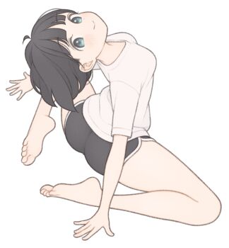 1girl 1ssakawaguchi absurdres ahoge arched_back ass barefoot black_hair blush bob_cut breasts closed_mouth dolphin_shorts flexible grey_eyes highres ichika_(1ssakawaguchi) looking_at_viewer original shirt short_hair short_shorts short_sleeves shorts simple_background small_breasts smile solo t-shirt toes white_background white_shirt